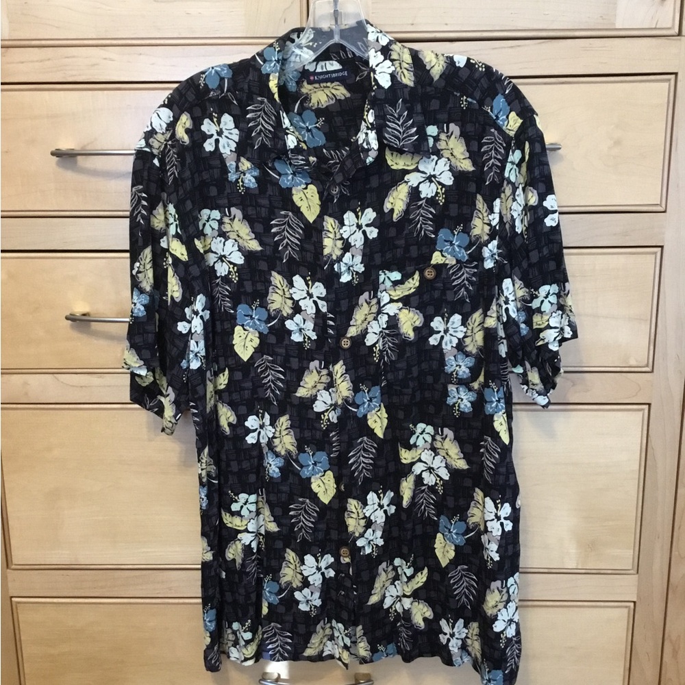 KNIGHTSBRIDGE Hawaiian shirt men’s size medium black brown tan , lite cool rayon
